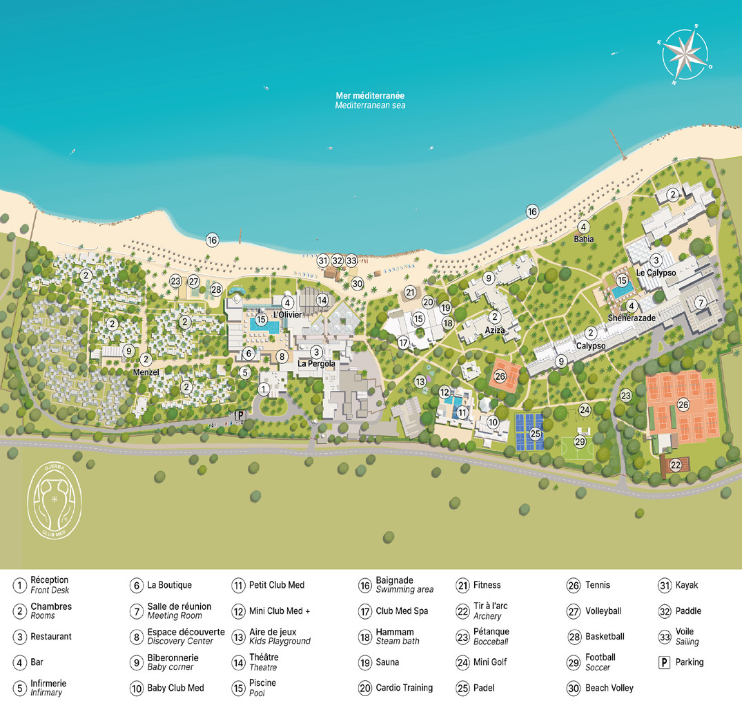 Plan officiel de Djerba La Douce avec les bâtiments, les installations sportives et sa légende numérotée.